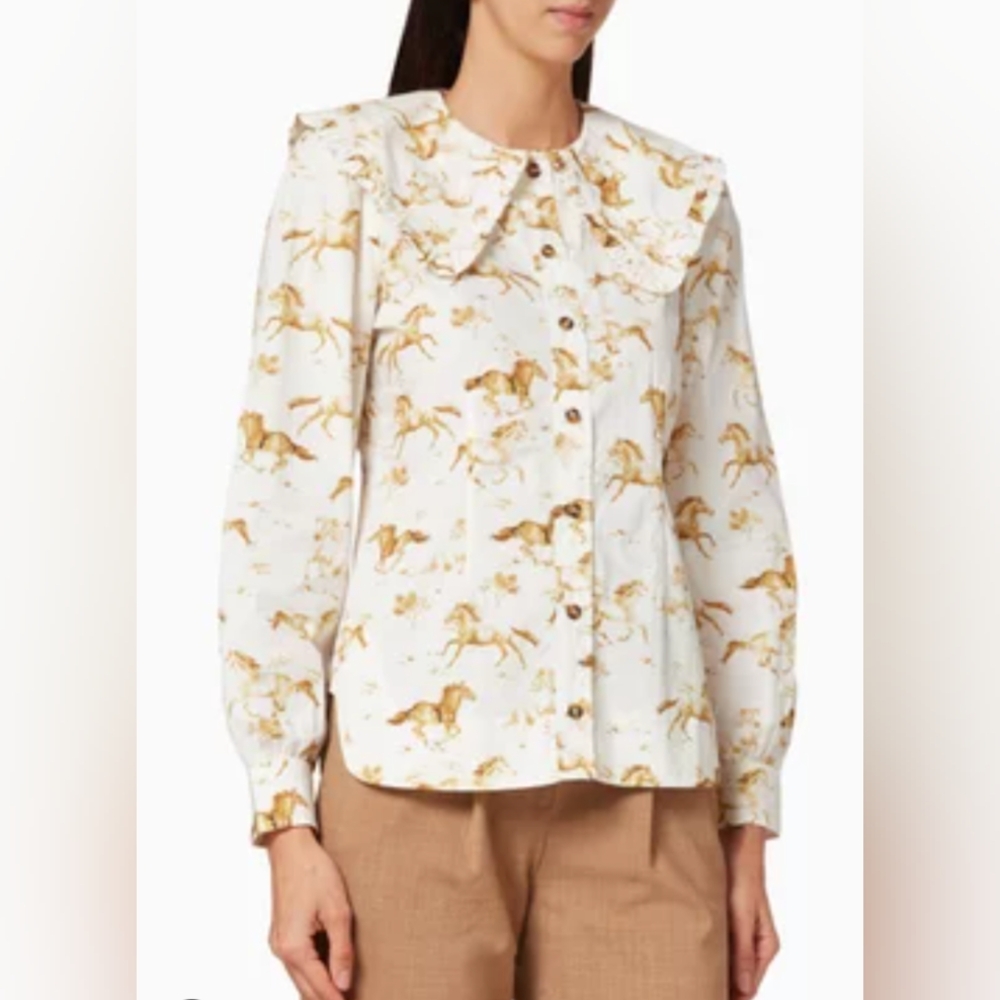 GANNI White Button Down Shirt with Bib Collar and Horse Print Sz 40 US 8